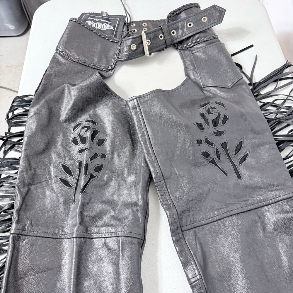 UNK Leather Fringe Chaps with Rose Cut Outs XS
